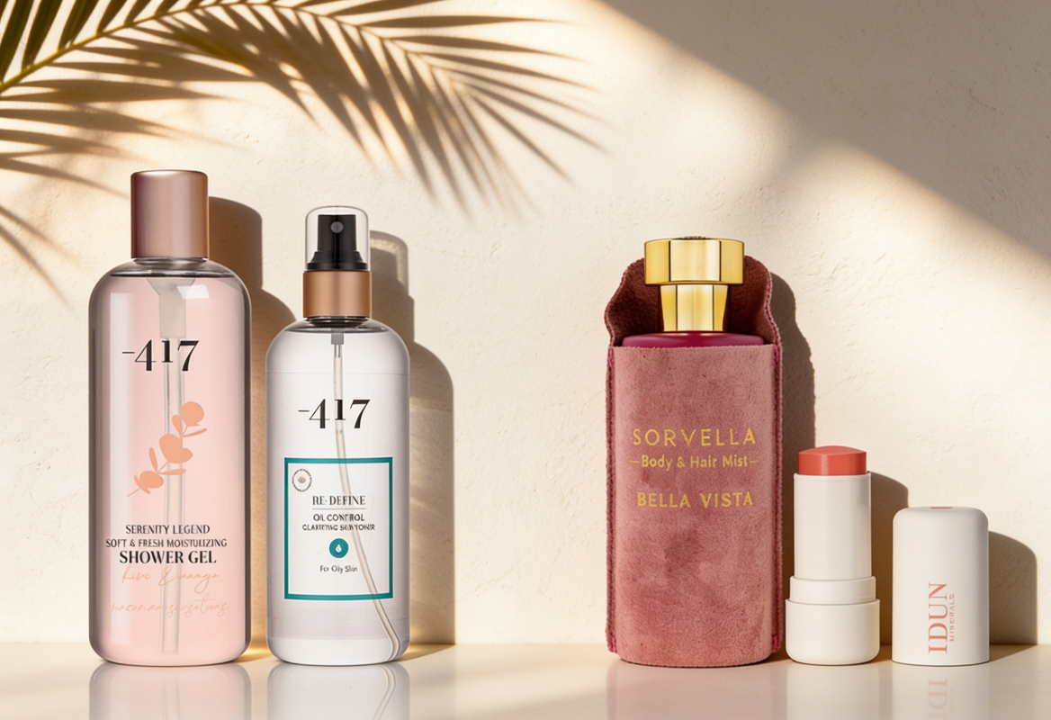 prodotti perfetti per una skincare estiva leggera secondo skinimalism tonico e shower gel 417, mist corpo e capelli Sorvella, blush utilizzabile come rossetto e contouring Idun Minerals